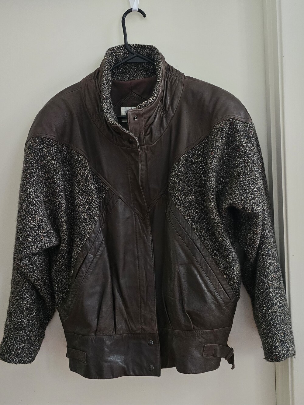VTG 80s Winlit Leather Wool Tweed Bomber Jacket Brown Batwing Boho Western 11/12